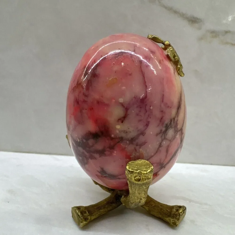 Vintage Polished Natural Stone Egg Pink Hue & Brown Yello Veins w/ Stand Turtle